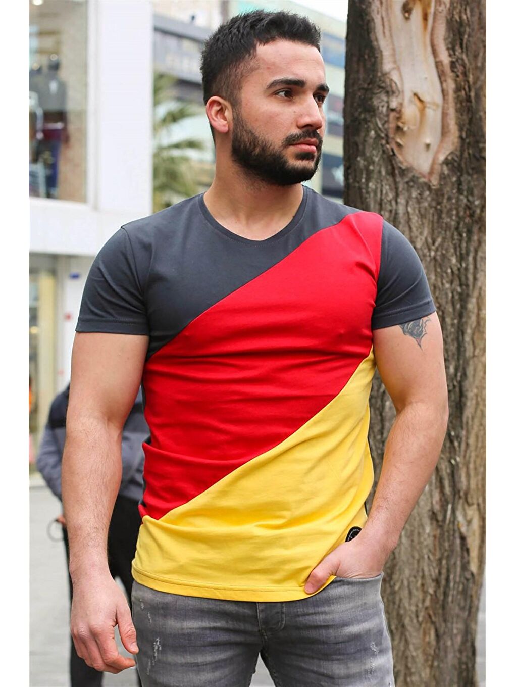 Gri Renk Bloklu Füme %100 Pamuk Tişört 3018-2