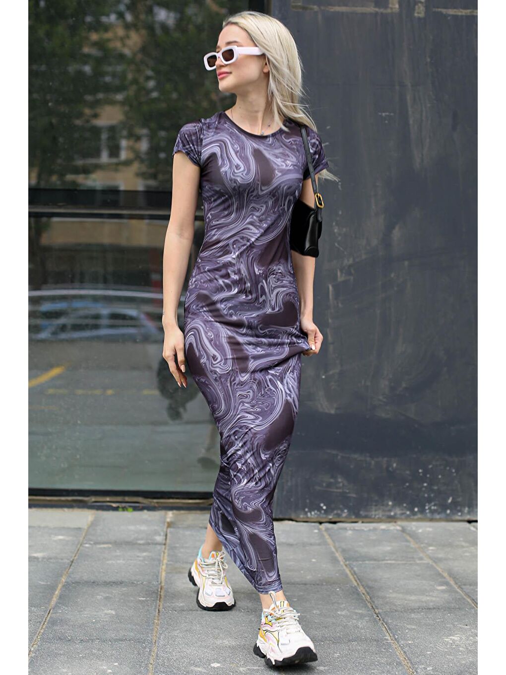 Lacivert Batik Desen Uzun Elbise Mg1723