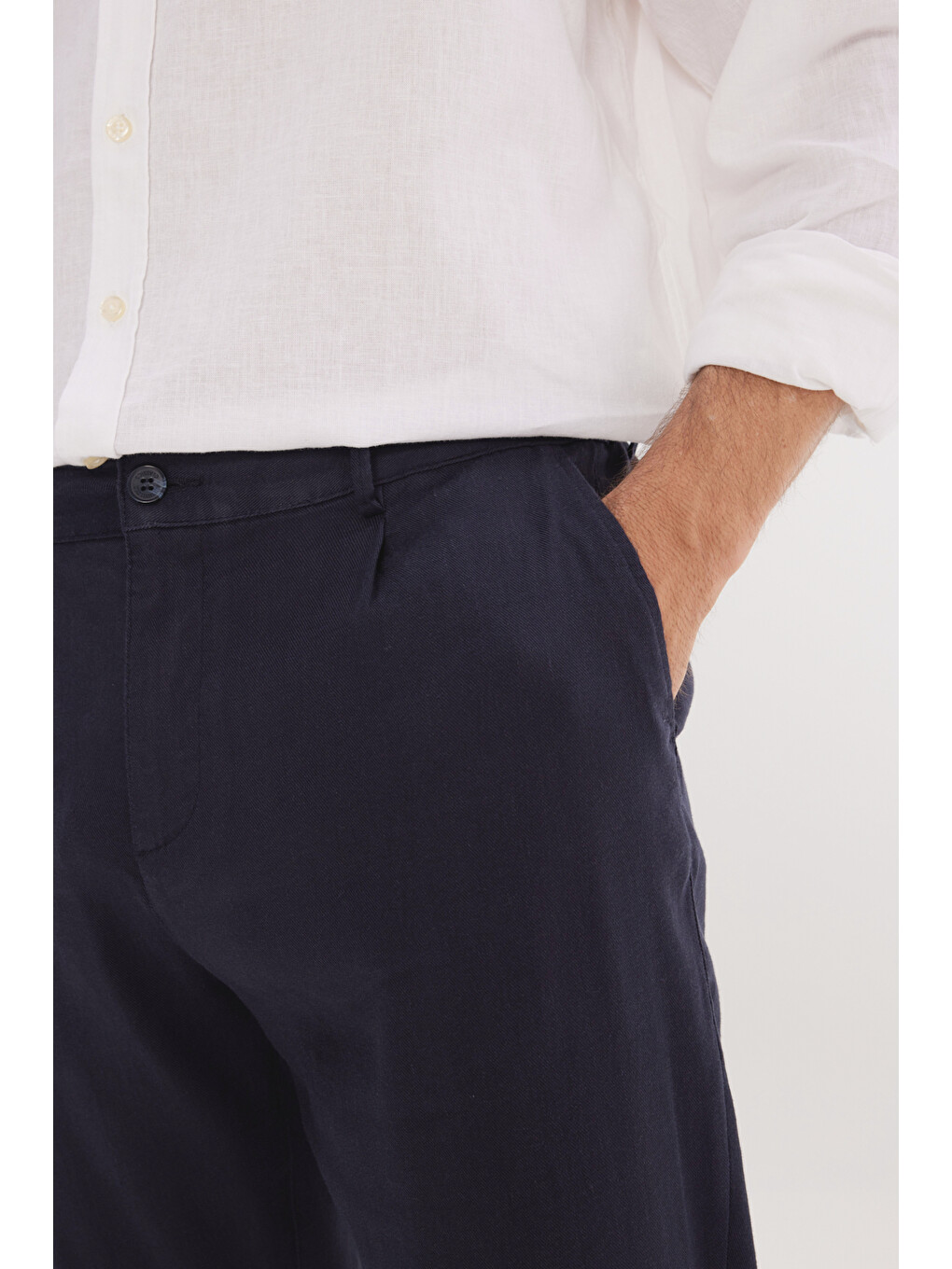Erkek Lacivert Keten Slim Fit Dar Kesim Beli Lastikli Yan Cepli Esnek Pantolon-4