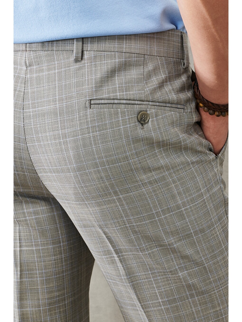 Erkek Gri-Mavi Ekstra Slim Fit Dar Kesim Mono Yaka Kareli Klasik Takım Elbise-8