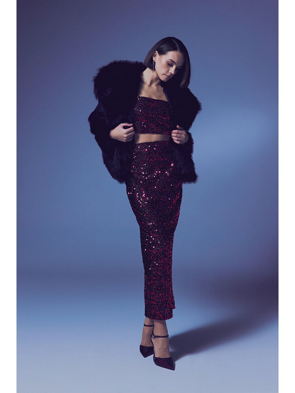 Payetli Kalem Etek - Bordo