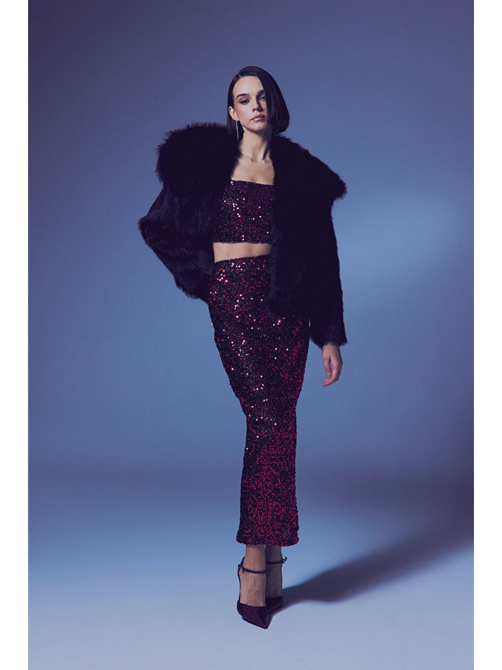 Payetli Kalem Etek - Bordo-1