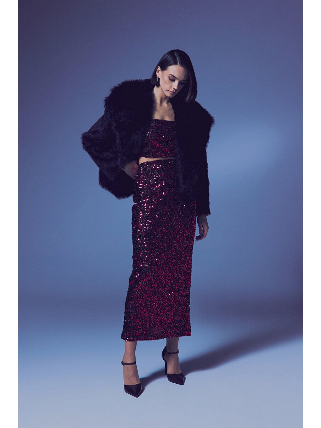 Payetli Kalem Etek - Bordo-2