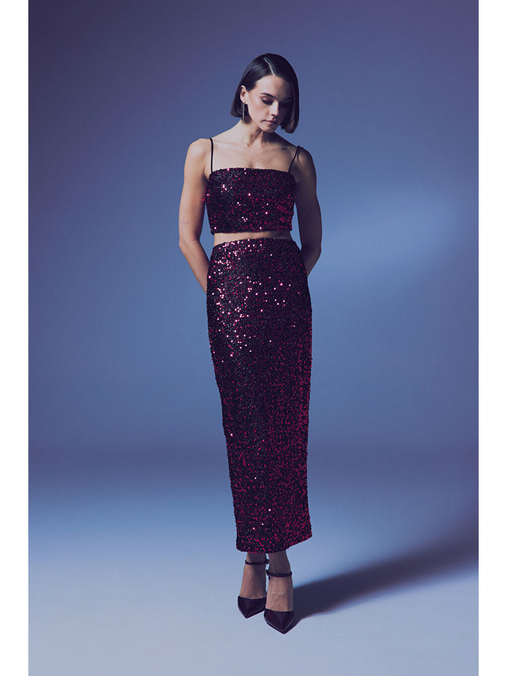 Payetli Kalem Etek - Bordo-3