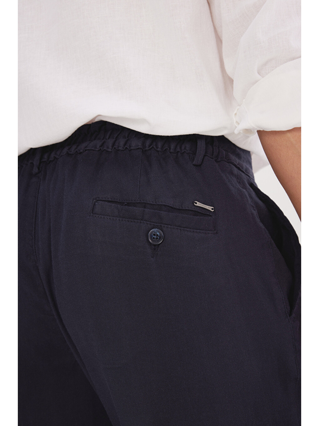 Erkek Lacivert Keten Slim Fit Dar Kesim Beli Lastikli Yan Cepli Esnek Pantolon-5