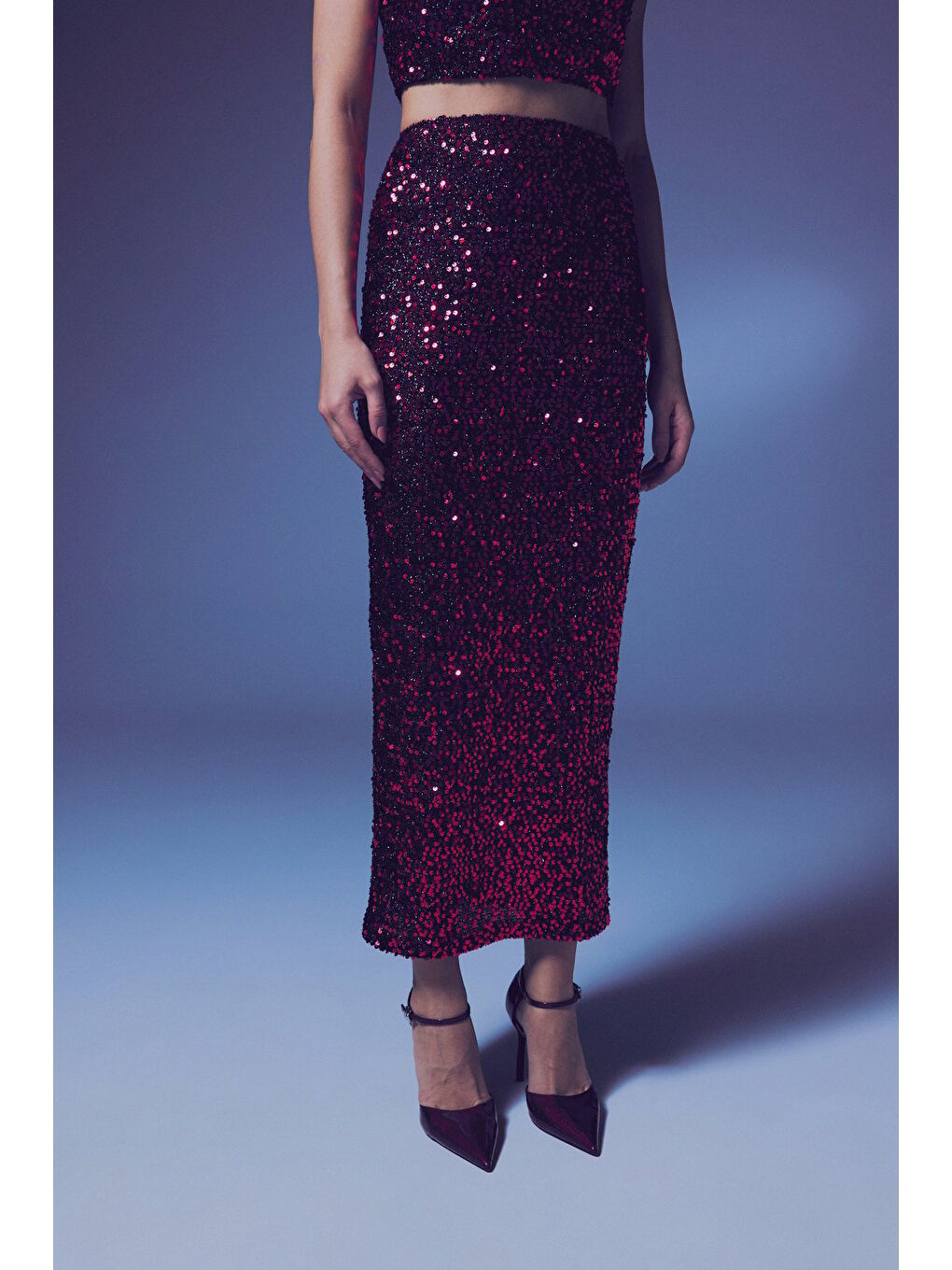 Payetli Kalem Etek - Bordo-5