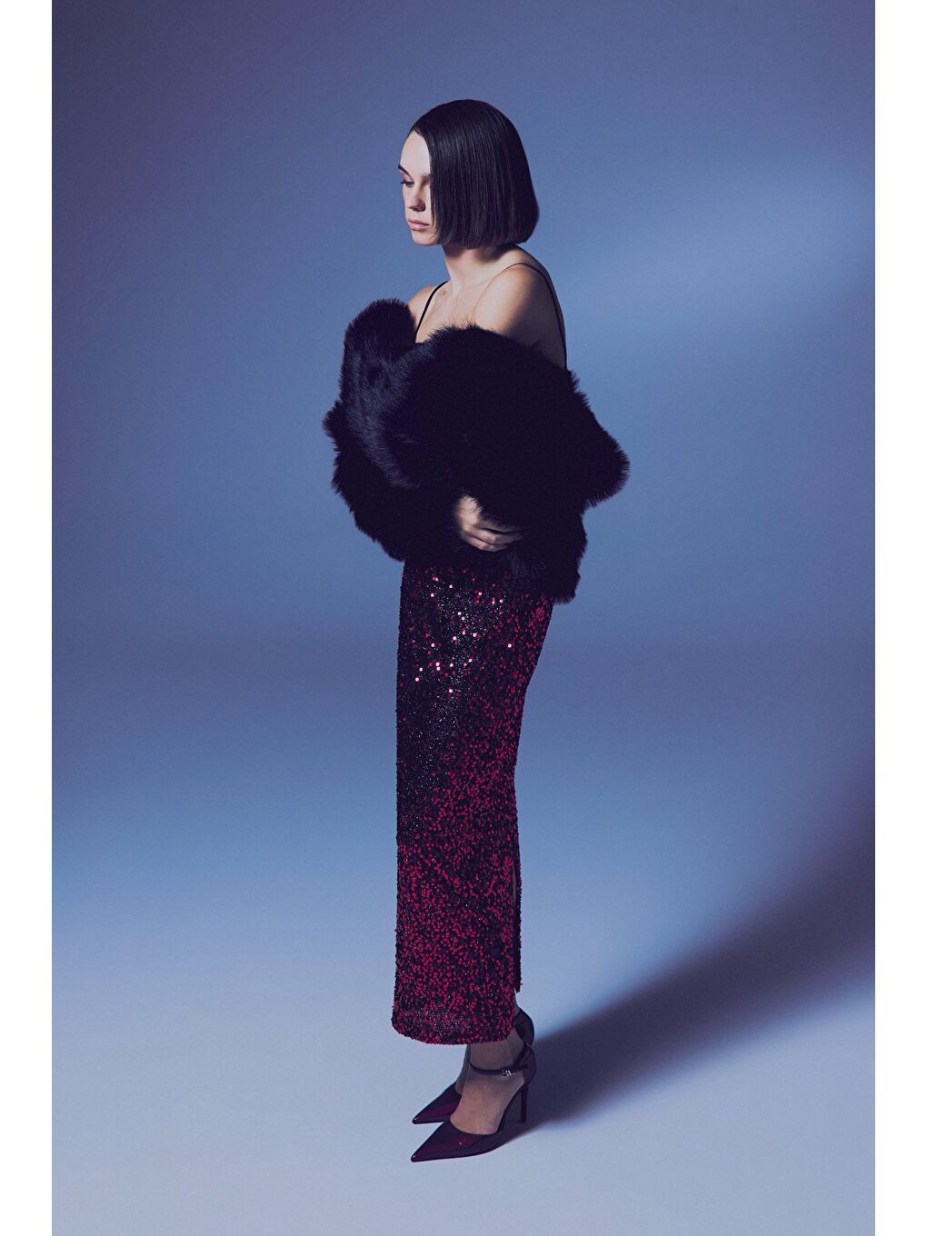 Payetli Kalem Etek - Bordo-6