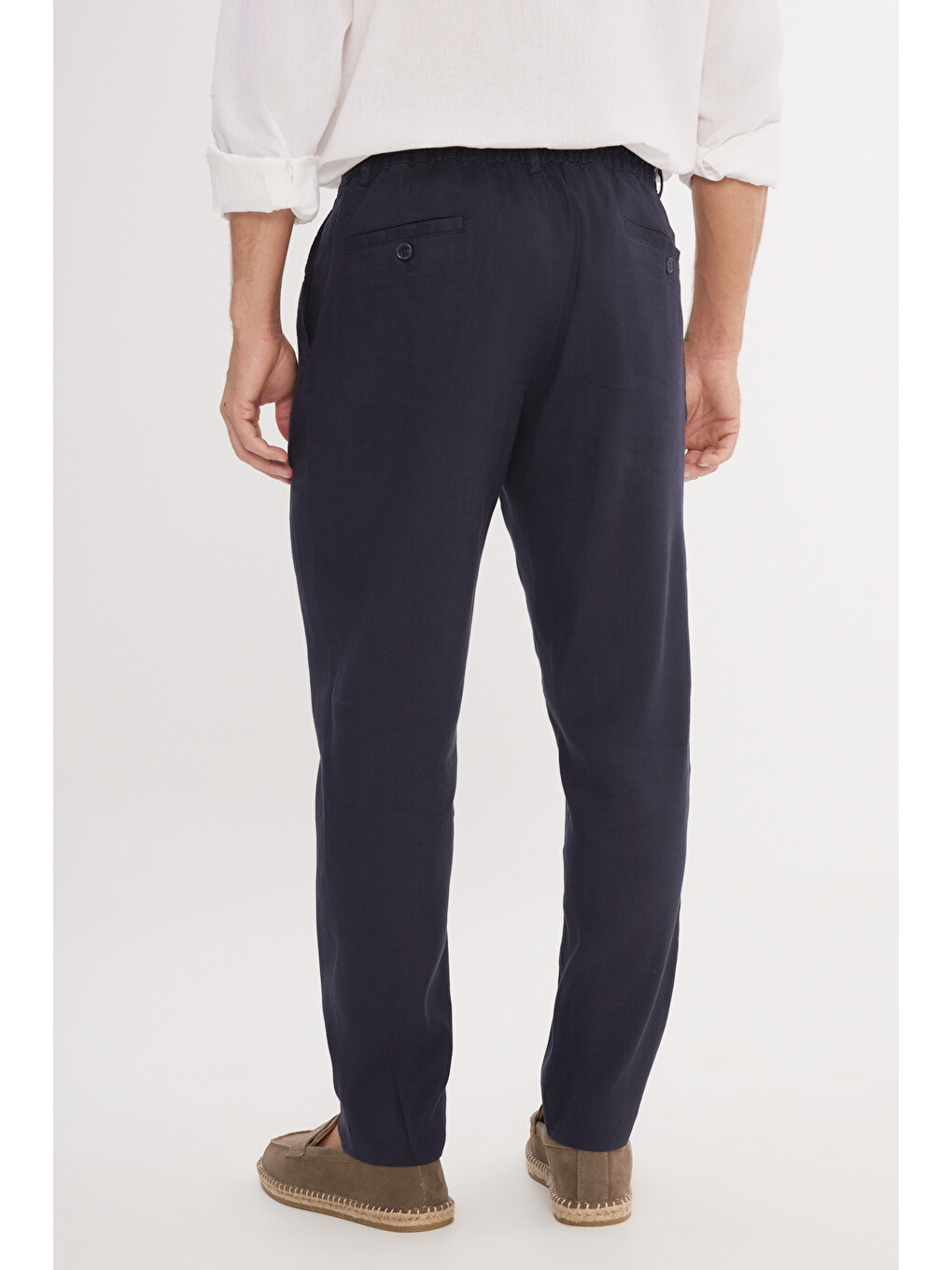 Erkek Lacivert Keten Slim Fit Dar Kesim Beli Lastikli Yan Cepli Esnek Pantolon-6