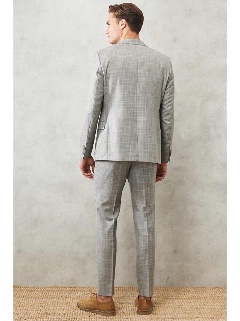 Erkek Gri-Mavi Ekstra Slim Fit Dar Kesim Mono Yaka Kareli Klasik Takım Elbise-9