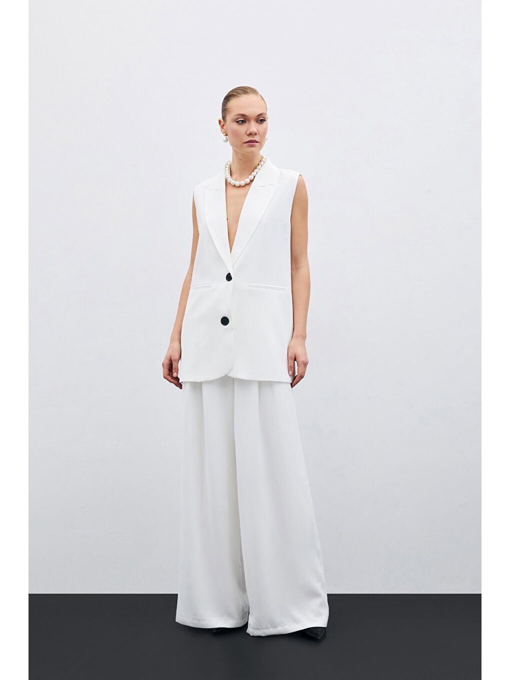 Yüksek Bel Bol Paça Pantolon - Ekru-1