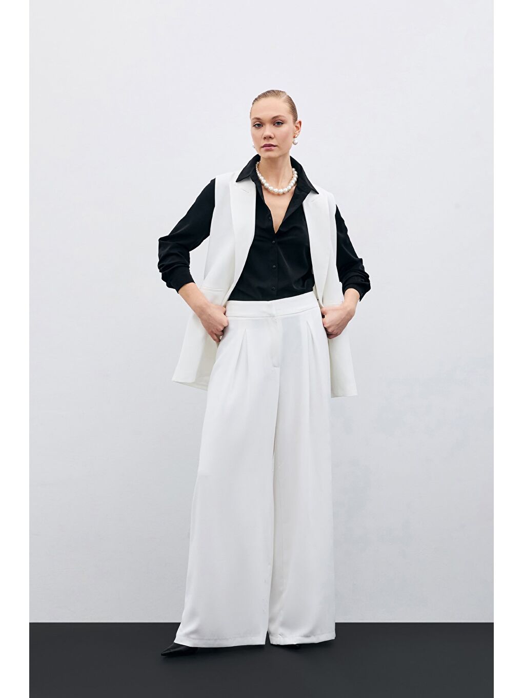 Yüksek Bel Bol Paça Pantolon - Ekru-2