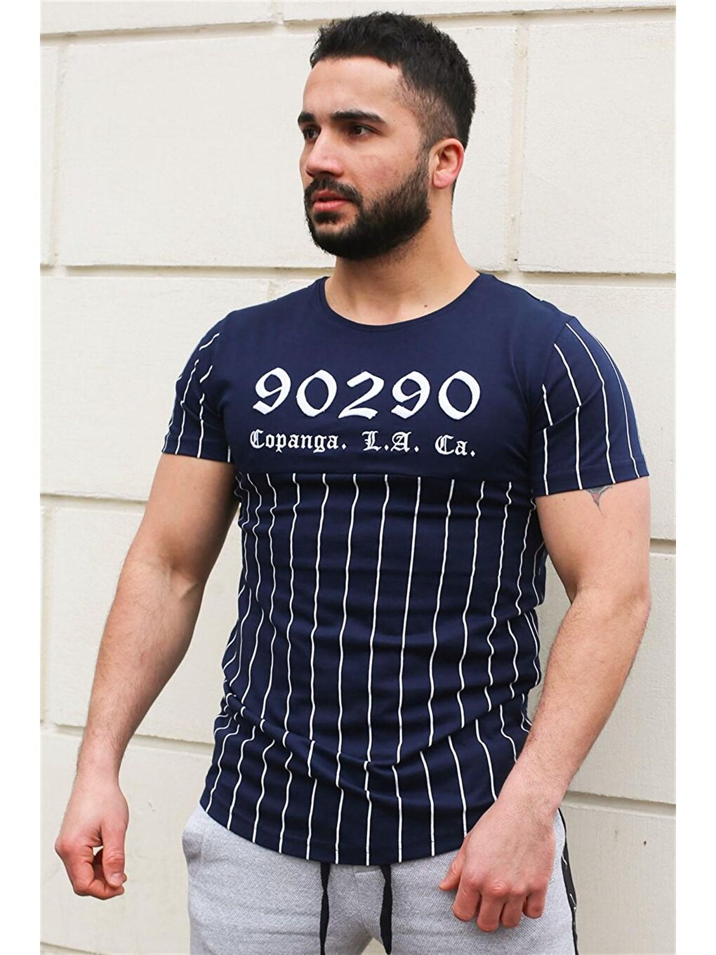 Bisiklet Yaka Çizgi Detaylı Lacivert %100 Pamuk Tişört 2863