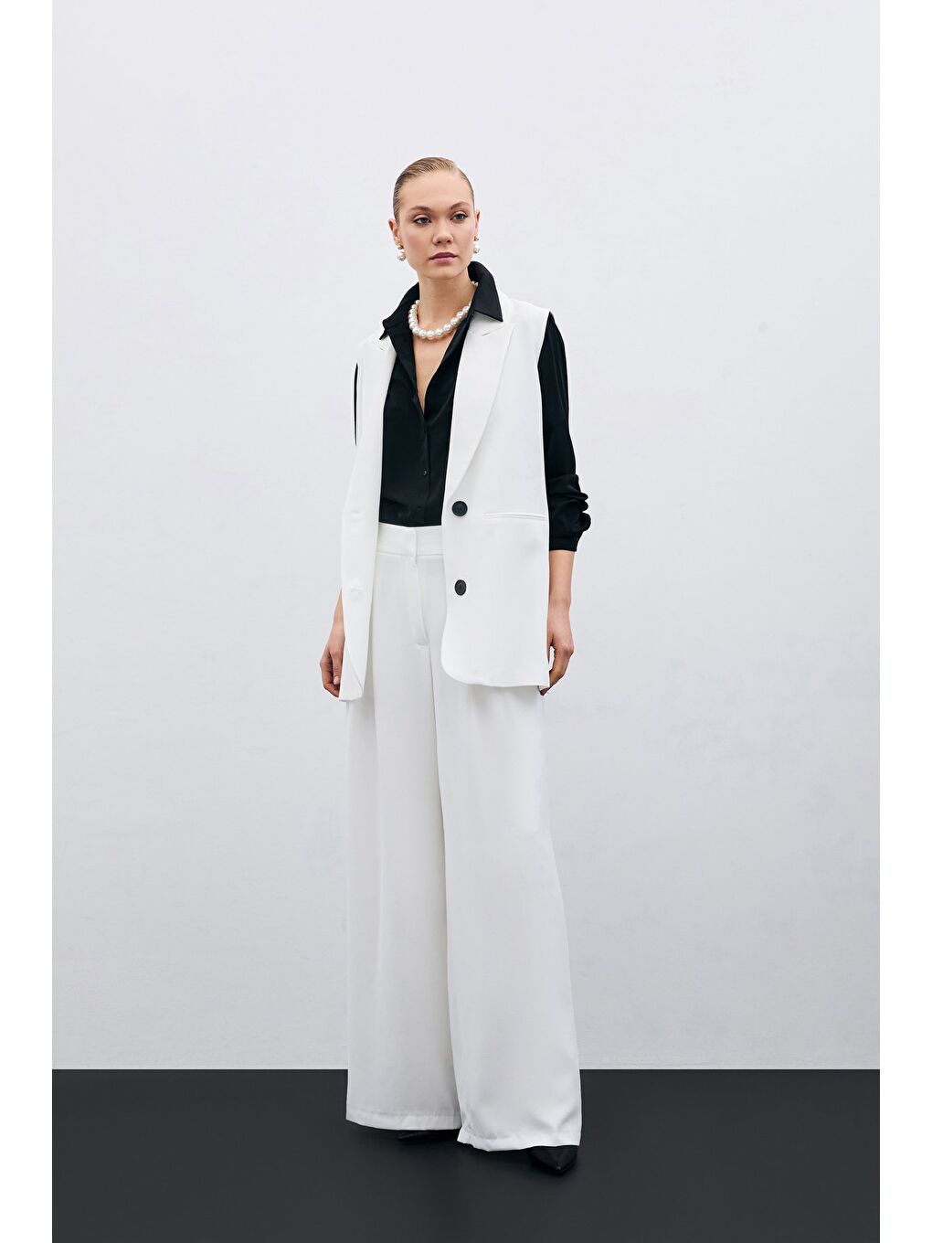 Yüksek Bel Bol Paça Pantolon - Ekru-3