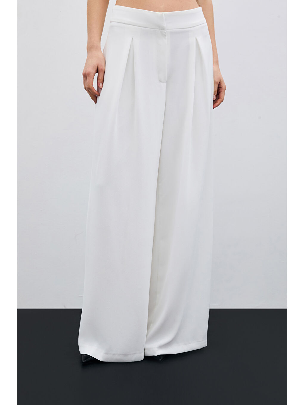 Yüksek Bel Bol Paça Pantolon - Ekru-4