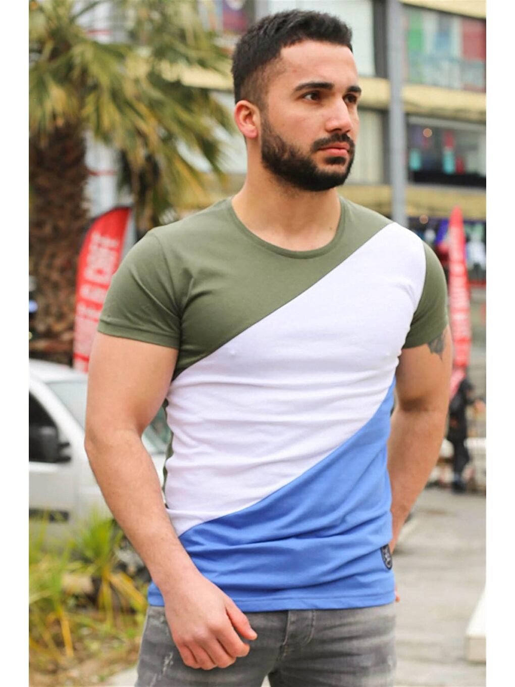 Madmext Renk Bloklu Haki Tişört 3018