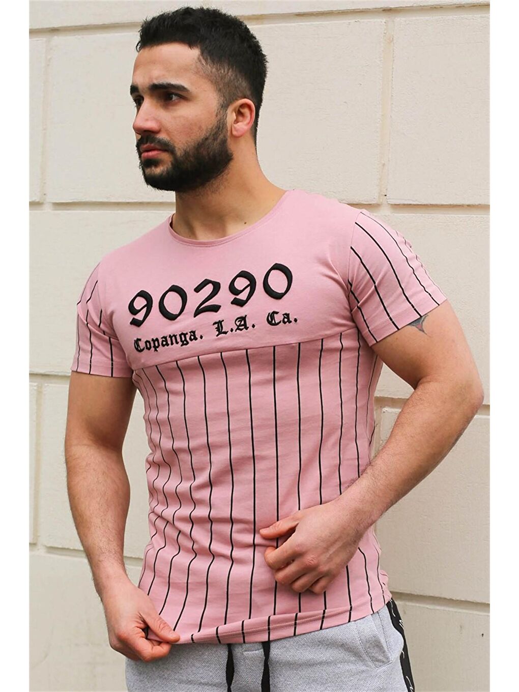 Pembe Bisiklet Yaka Çizgi Detaylı Pudra Tişört 2863