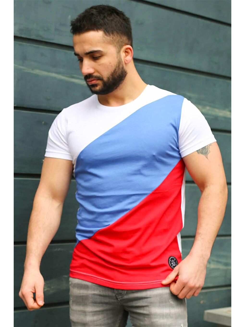 Renk Bloklu Beyaz %100 Pamuk Tişört 3018-1