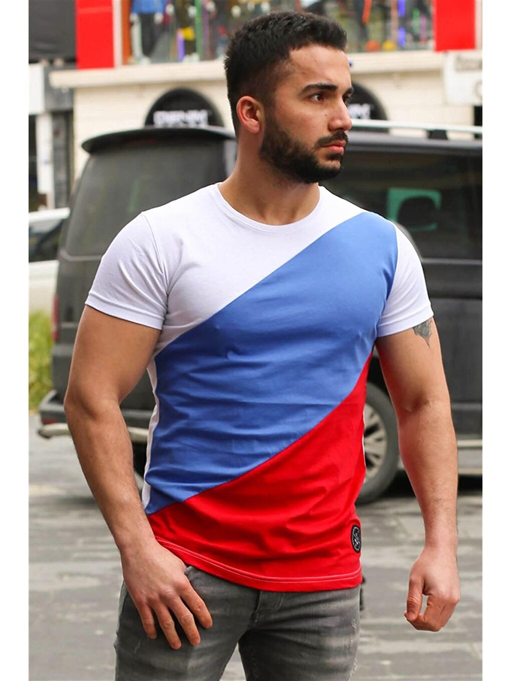 Renk Bloklu Beyaz %100 Pamuk Tişört 3018-2