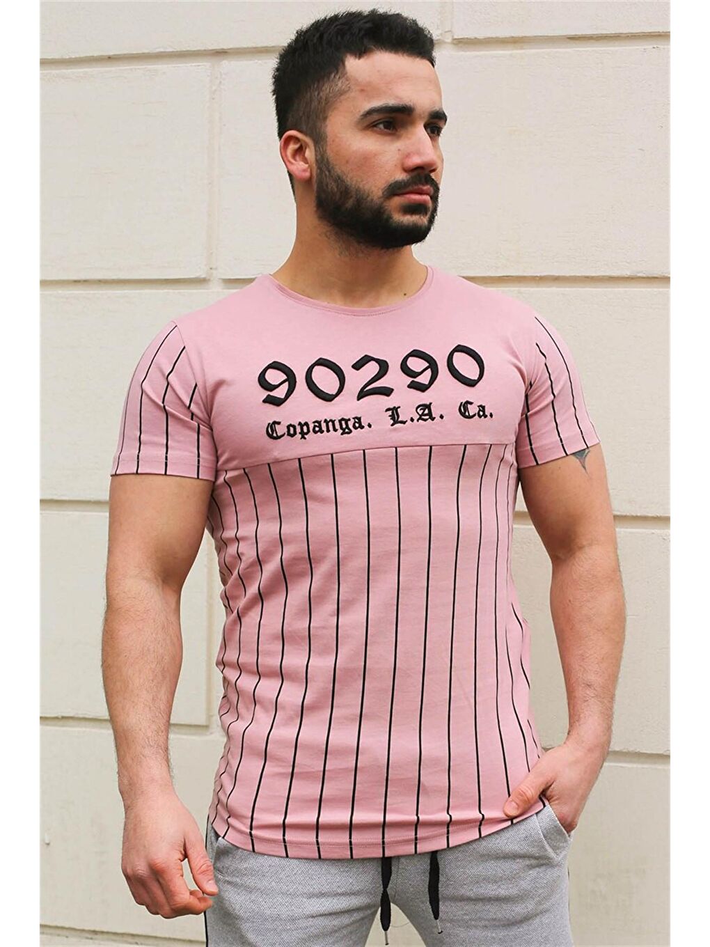 Pembe Bisiklet Yaka Çizgi Detaylı Pudra Tişört 2863-1