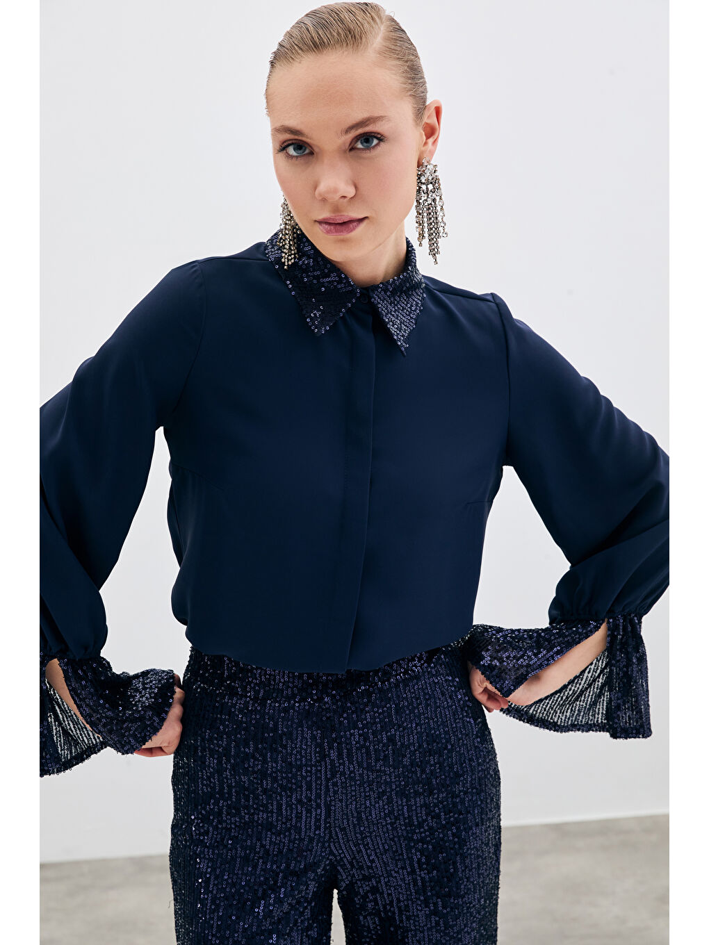 Payet Detaylı Gömlek - Lacivert-3