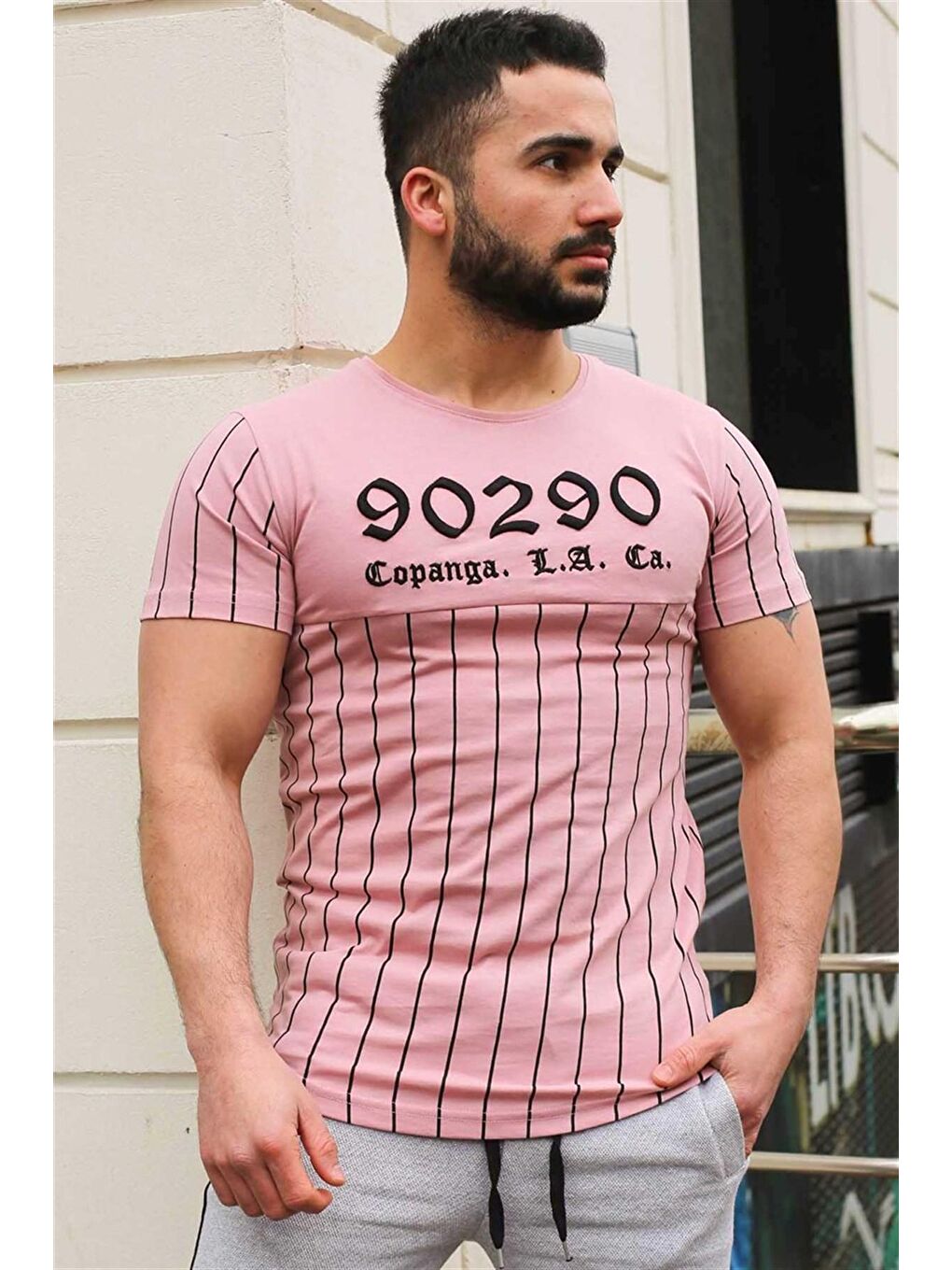 Pembe Bisiklet Yaka Çizgi Detaylı Pudra Tişört 2863-2