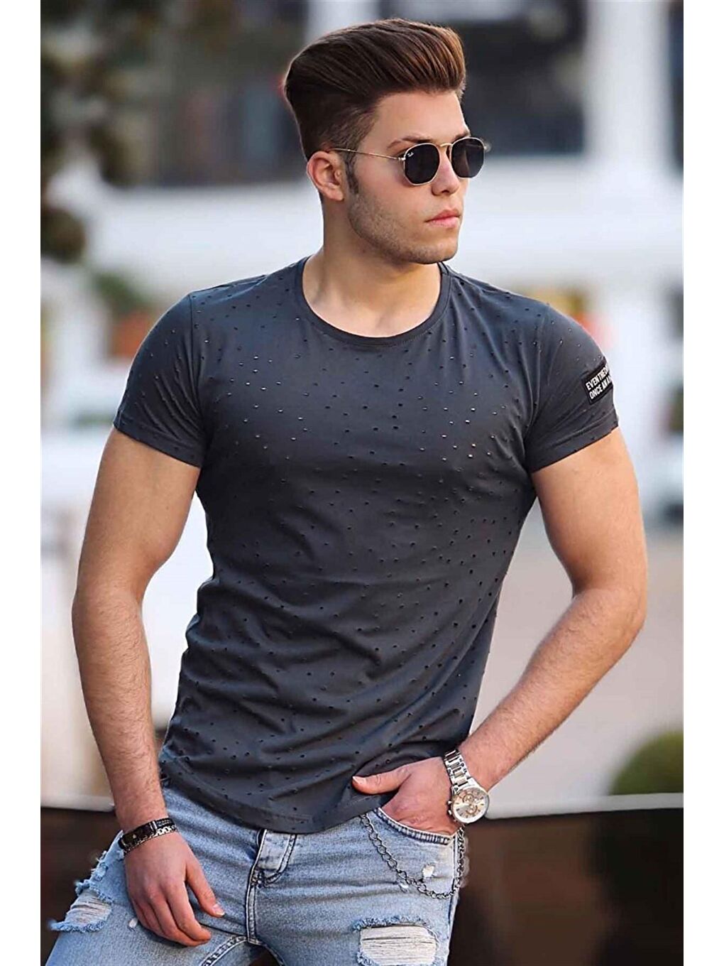 Gri Yırtık Detaylı Füme %100 Pamuk Tişört 2883