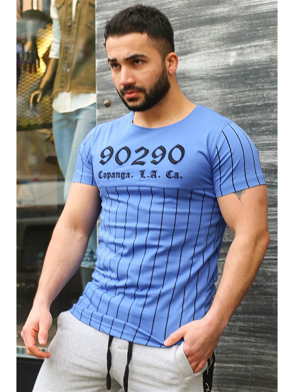 Bisiklet Yaka Çizgi Detaylı Mavi Tişört 2863-1