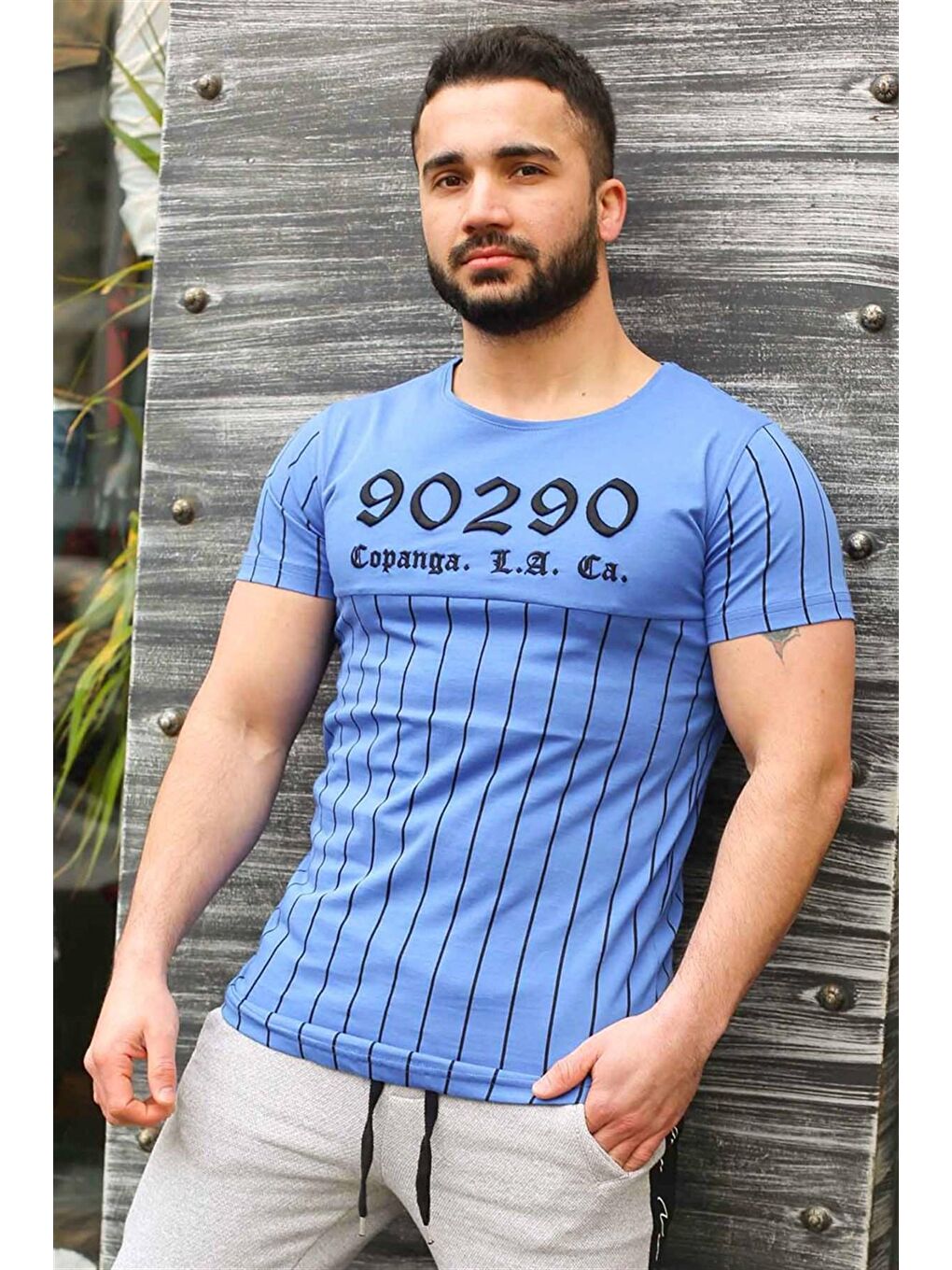 Bisiklet Yaka Çizgi Detaylı Mavi Tişört 2863-2