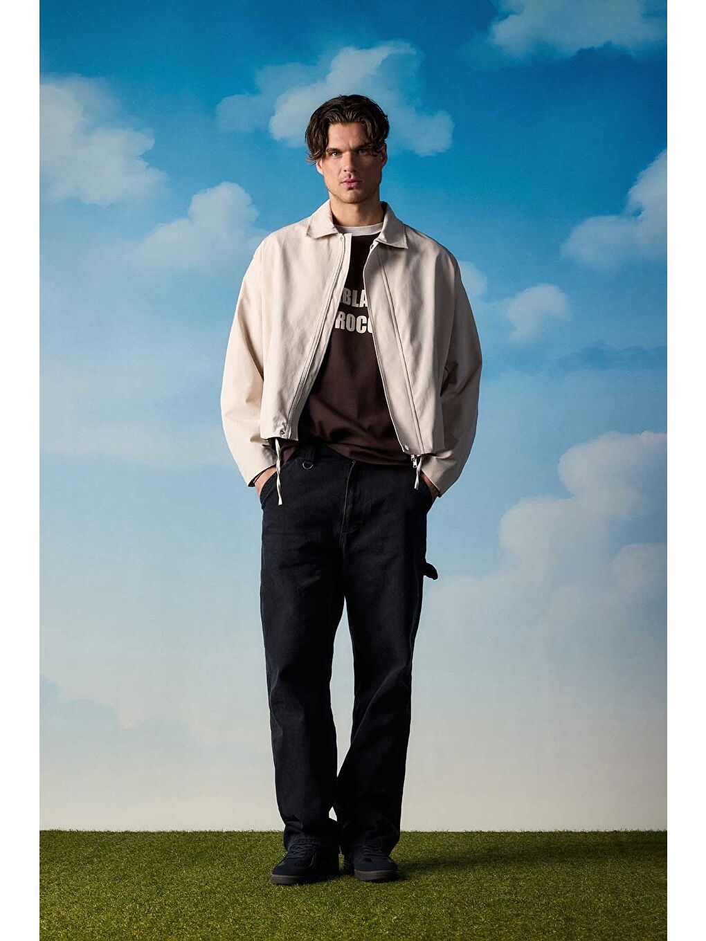 Erkek Kore Oversize Casual Bomber Ceket Bej-2