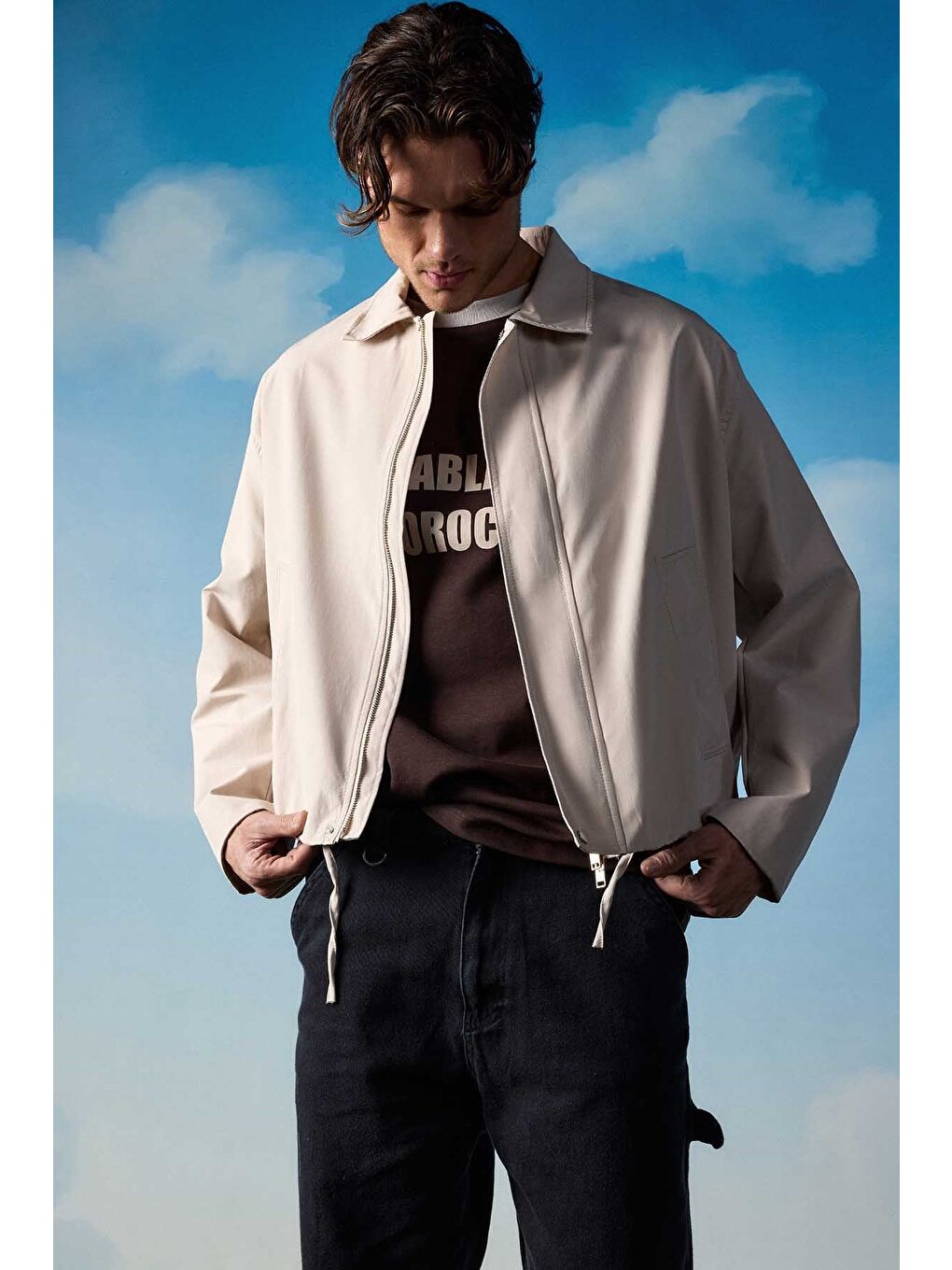 Erkek Kore Oversize Casual Bomber Ceket Bej-3