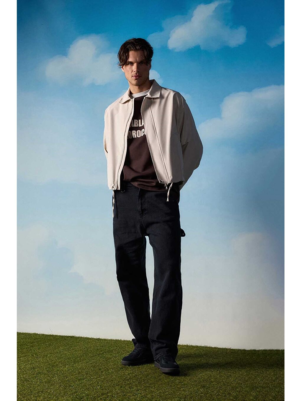 Erkek Kore Oversize Casual Bomber Ceket Bej-4