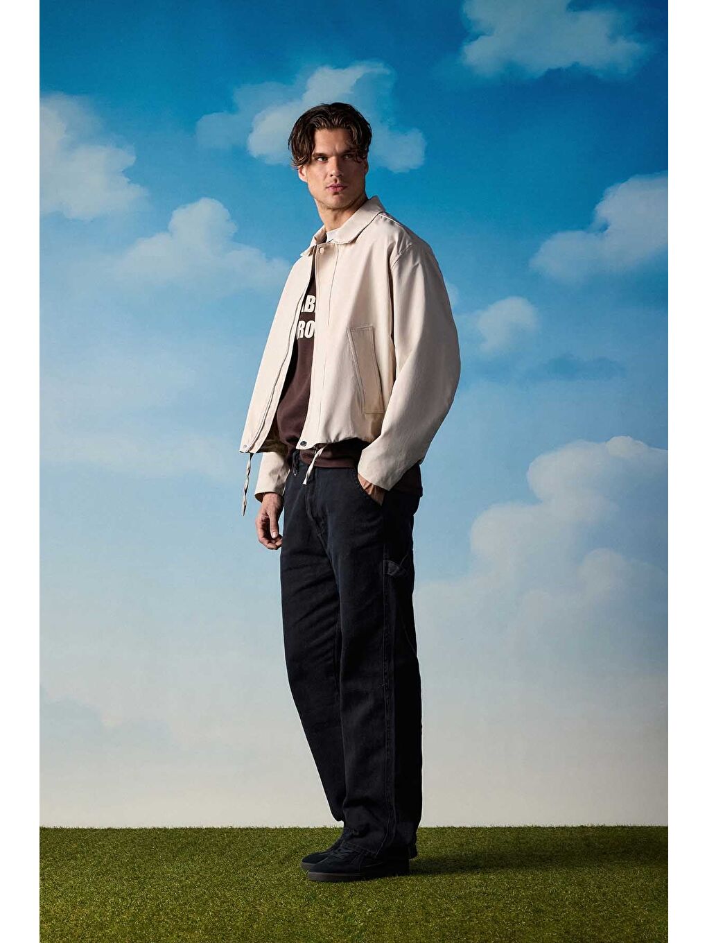 Erkek Kore Oversize Casual Bomber Ceket Bej-5