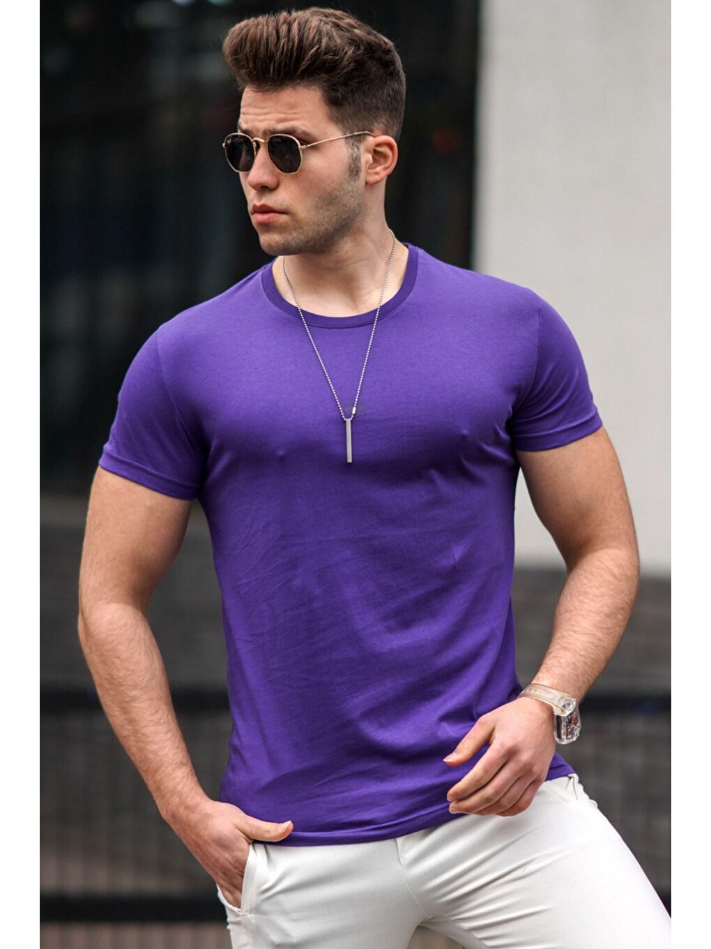 Bisiklet Yaka Basic Tişört Mor 3006