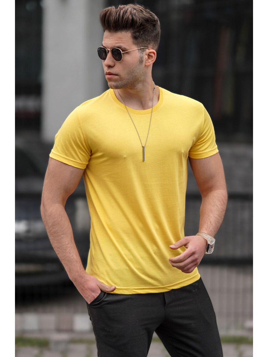 Madmext Sari Bisiklet Yaka Basic Tişört Sarı 3006
