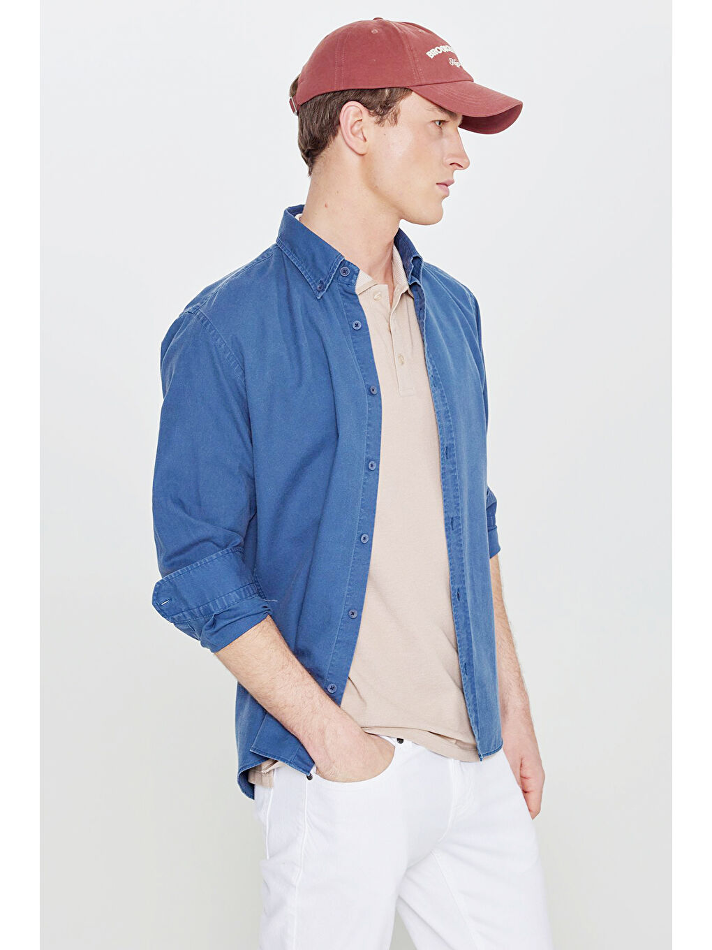 Erkek Bej-Beyaz Pamuklu Comfort Fit Rahat Kesim Polo Yaka Cepli Tişört-3