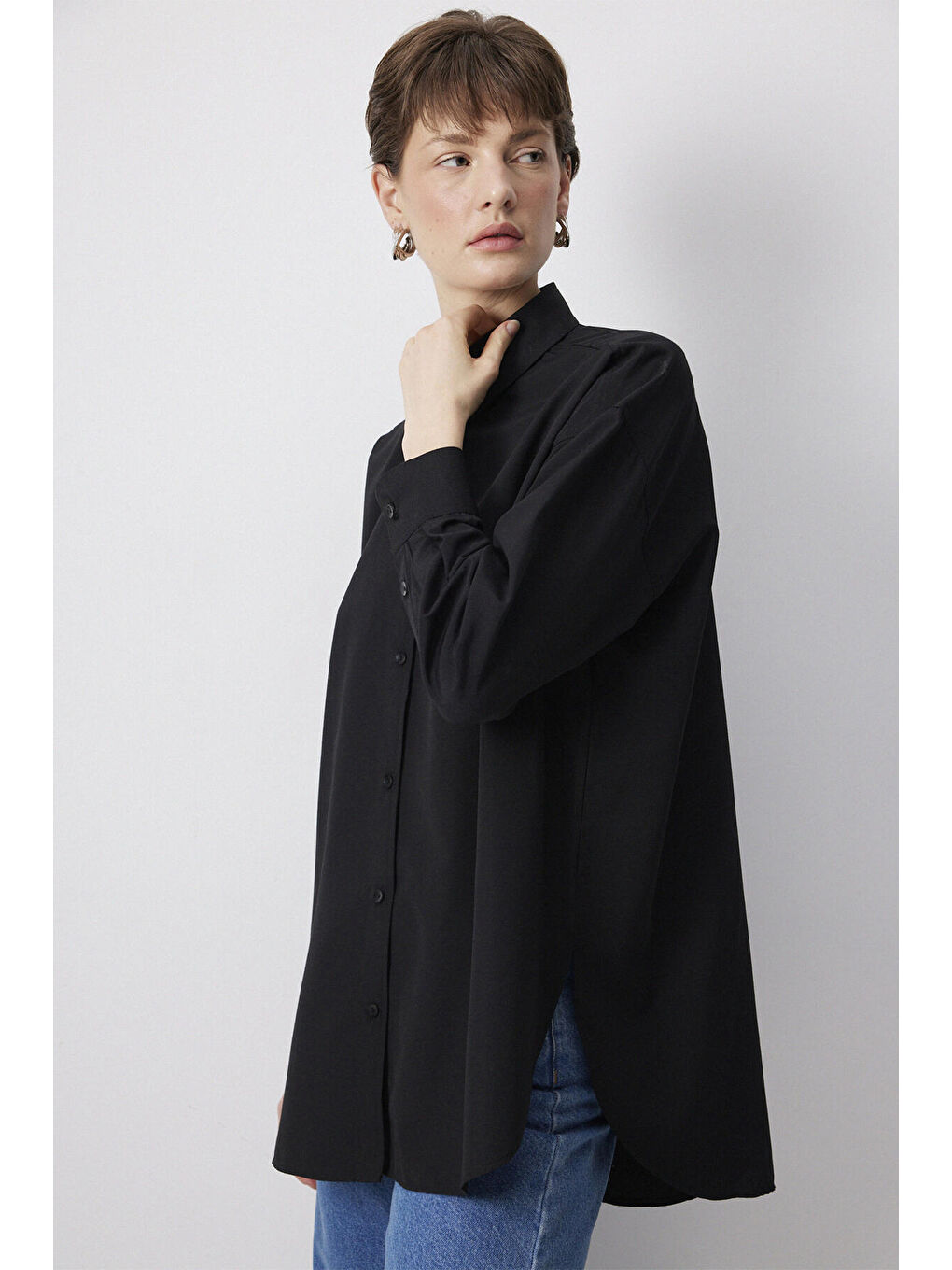 Siyah Relax Fit Poplin Gömlek-1