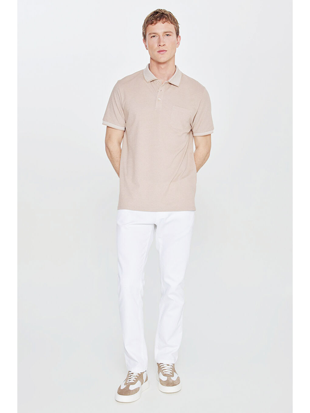 Erkek Bej-Beyaz Pamuklu Comfort Fit Rahat Kesim Polo Yaka Cepli Tişört-4