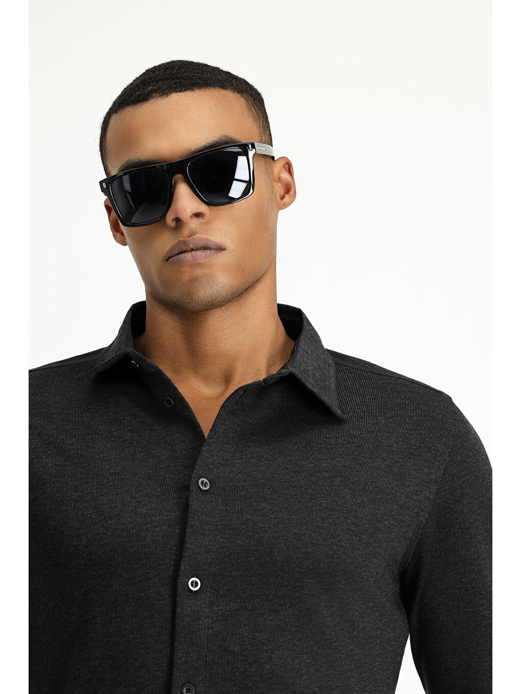 Antrasit Uzun Kol Regular Fit Çizgili Örme Pamuk Gömlek-2