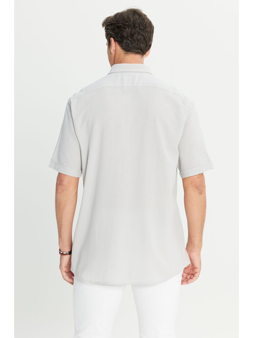 Erkek Açık Gri %100 Pamuk Comfort Fit Rahat Kesim Düğmeli Gömlek Yaka Armürlü Gömlek-8