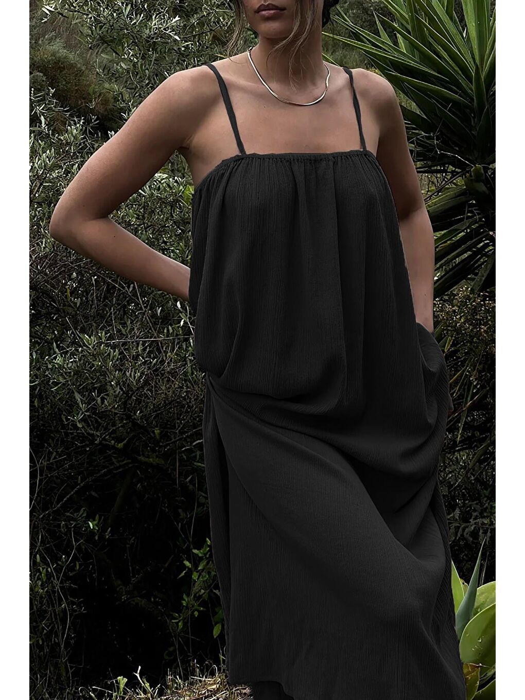 Siyah Askılı Uzun Salaş Bürümcük Elbise Mg1720-5