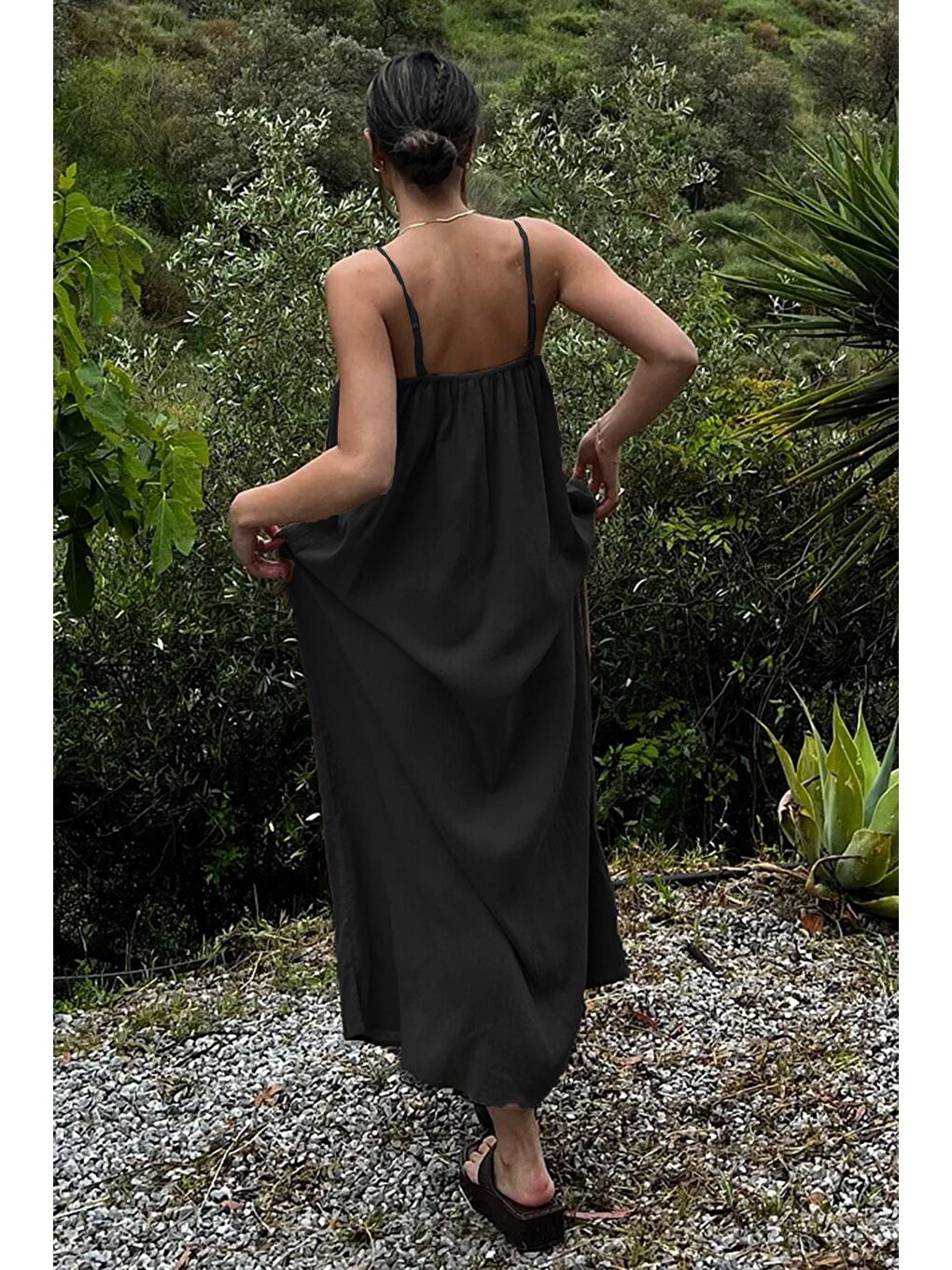 Siyah Askılı Uzun Salaş Bürümcük Elbise Mg1720-6