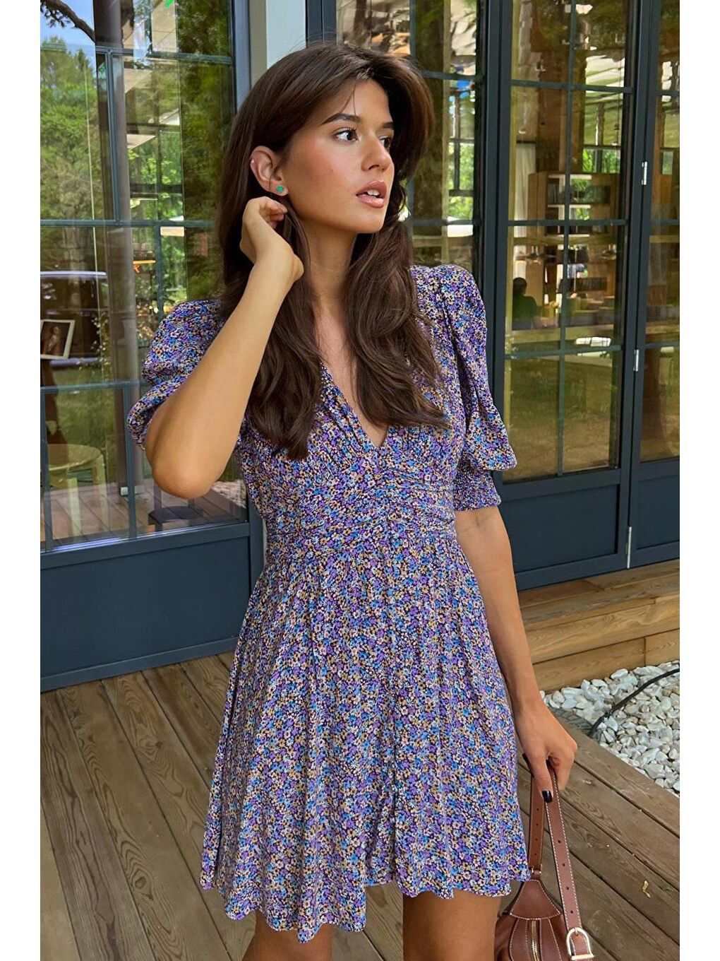 Lila Mor Çiçek Desenli Karpuz Kol Mini Elbise Mg1716