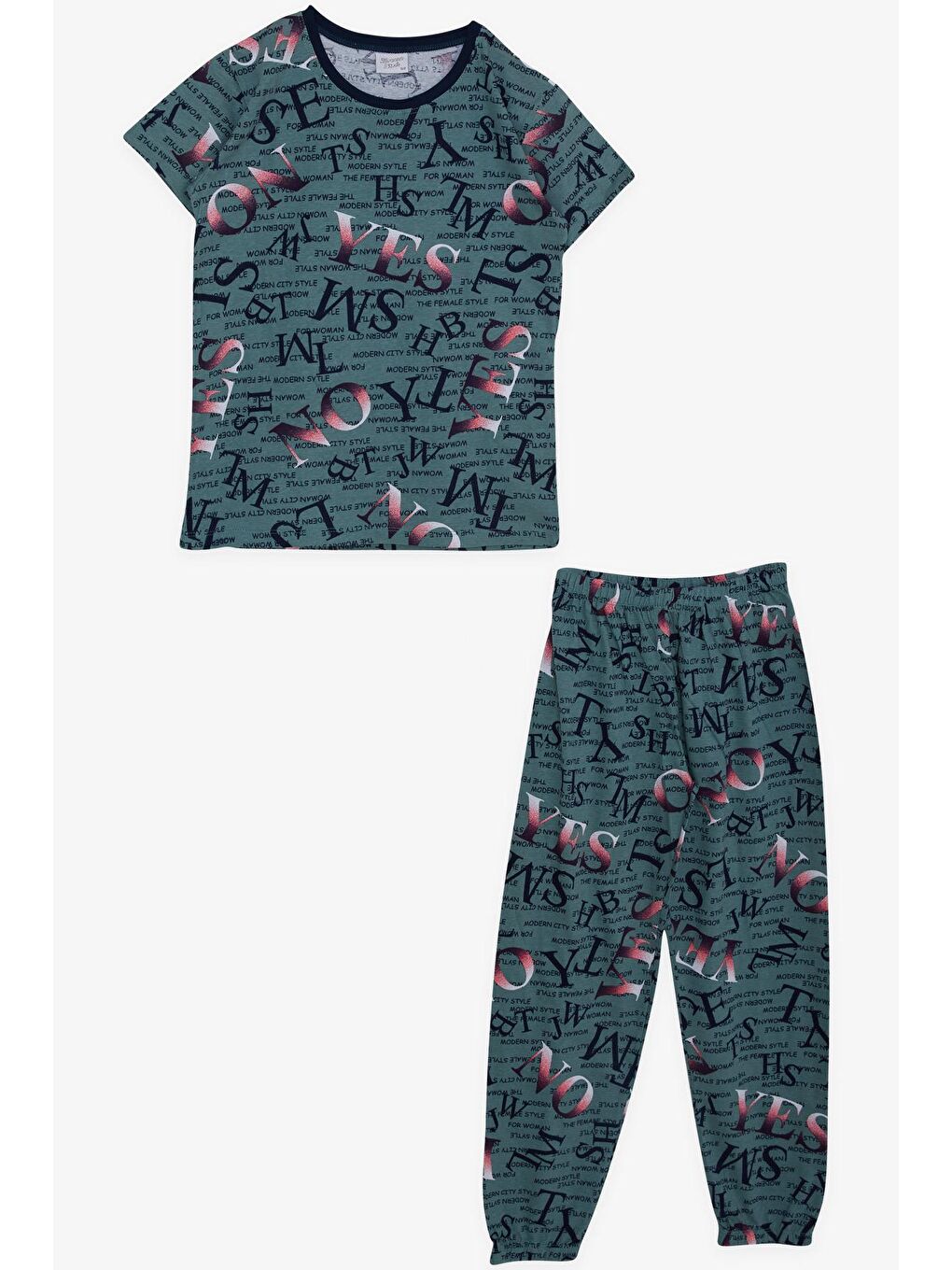 Kız Çocuk Pijama Takımı Modern Tarz Temalı Zümrüt Yeşili (12 Yaş)