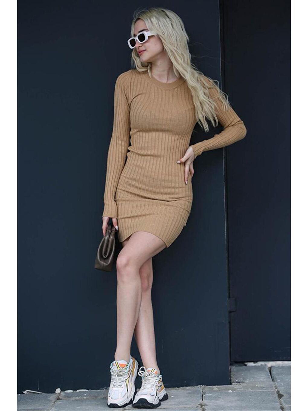 Bej Bodycon Fitilli Mini Elbise Mg1710