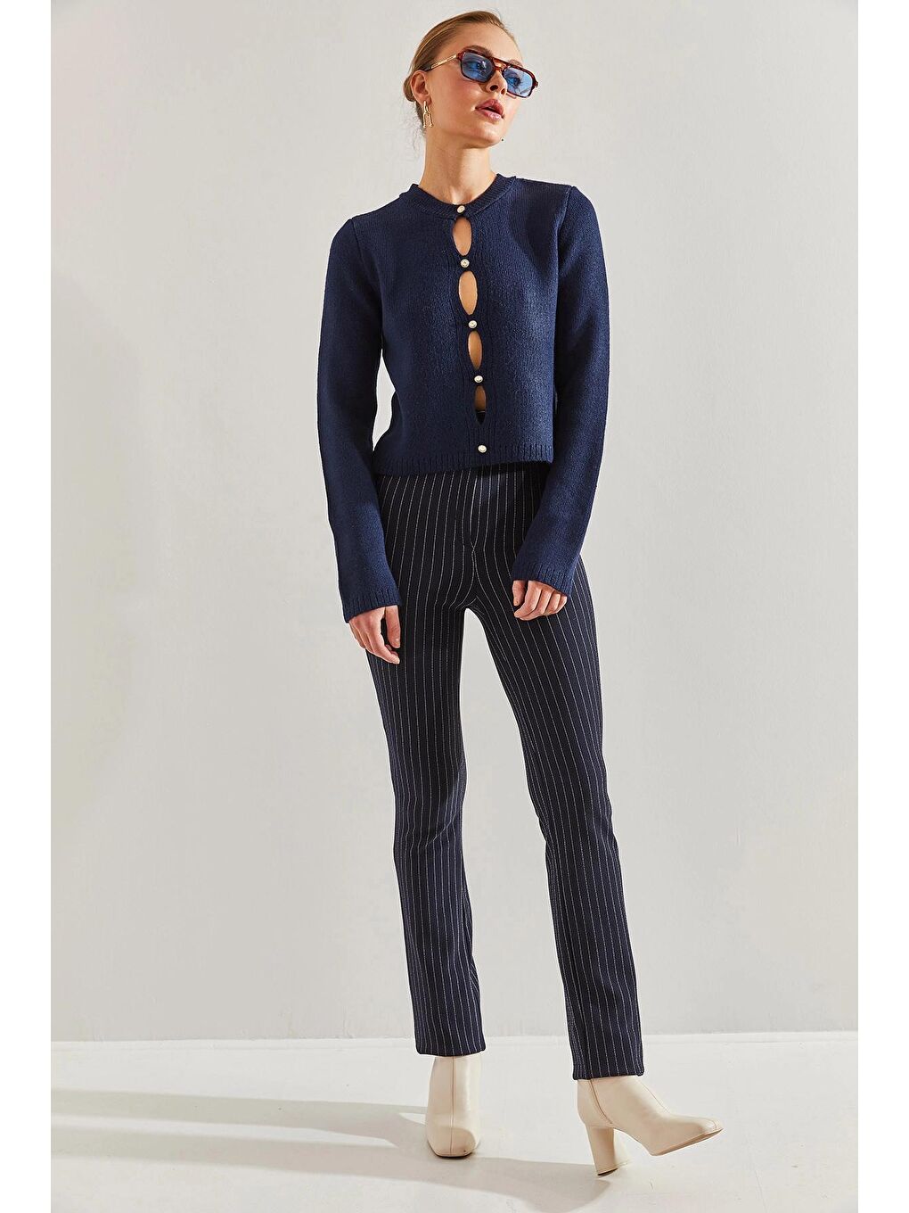 Lacivert Kadın Çizgili Palazzo Pantolon