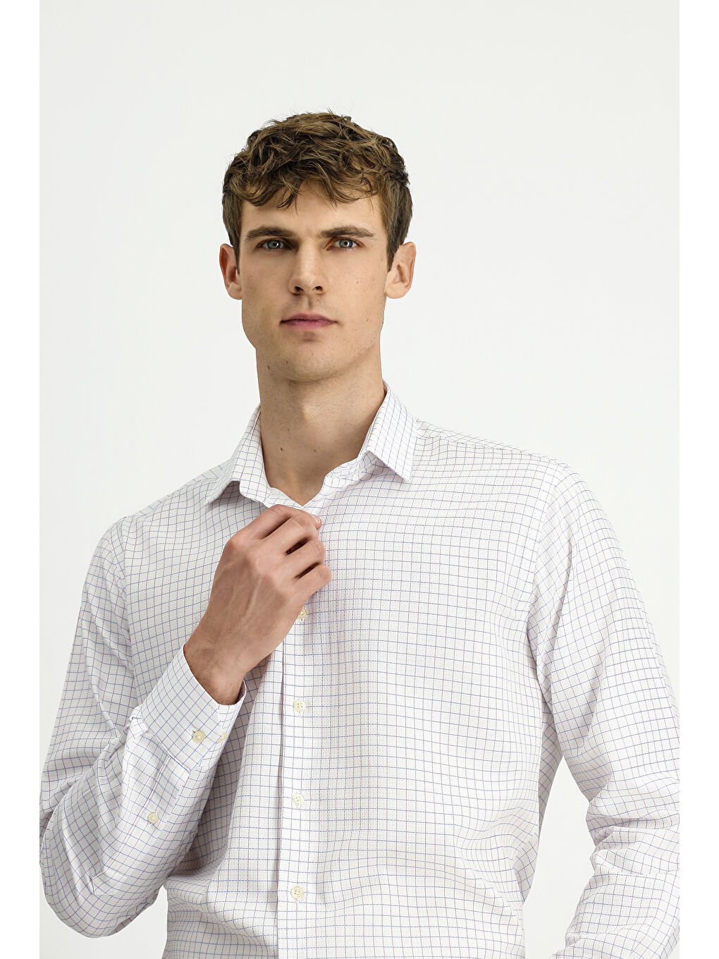 Beyaz Uzun Kol Regular Fit Pamuk Ekose %100 Pamuk Gömlek-2