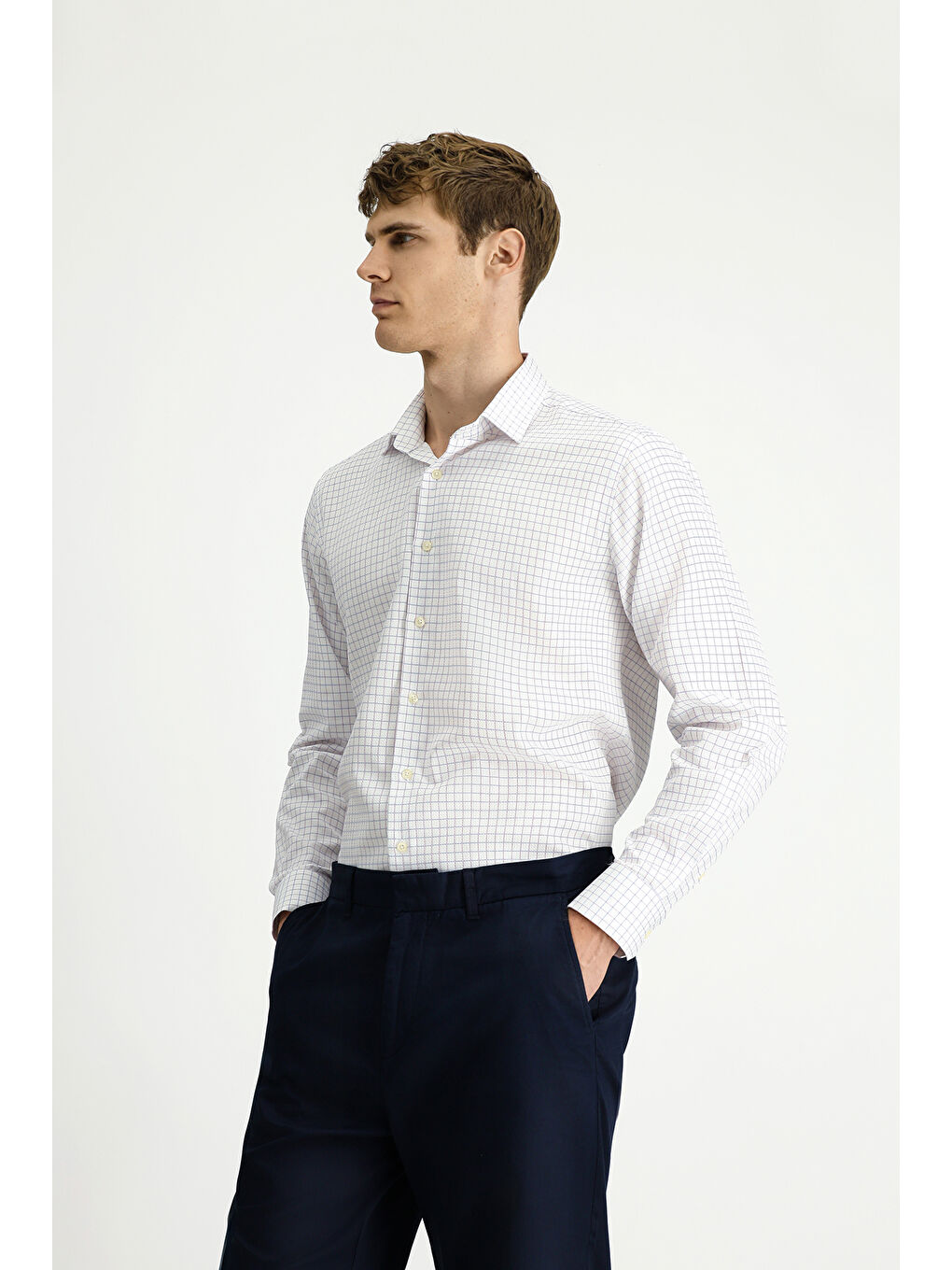 Beyaz Uzun Kol Regular Fit Pamuk Ekose %100 Pamuk Gömlek-3