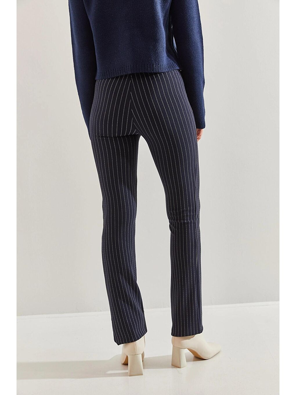 Lacivert Kadın Çizgili Palazzo Pantolon-1