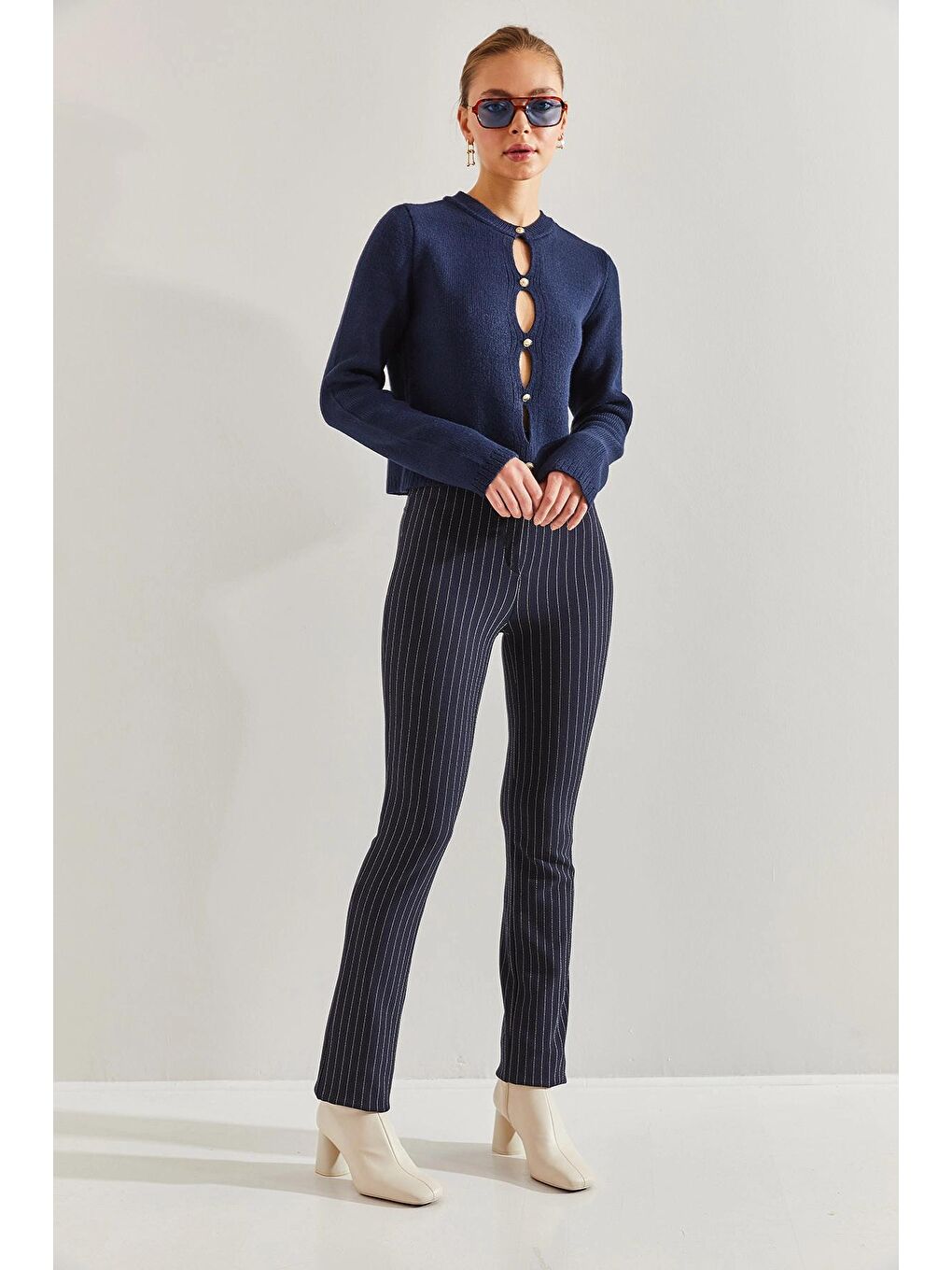 Lacivert Kadın Çizgili Palazzo Pantolon-4