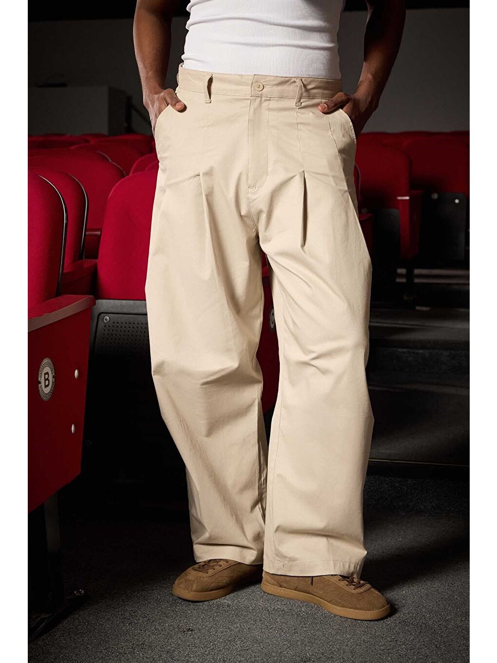 Erkek Süper Baggy Pileli Vintage Pantolon Bej-2